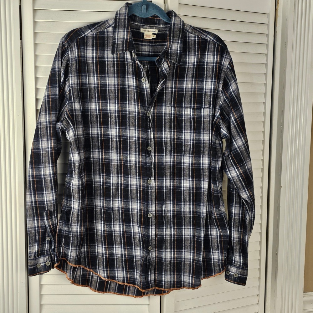Carbon2Cobalt Mens Black Gray Plaid Flannel Long Sleeve Button Down Shirt Large